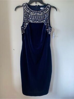 Cache Navy Blue Velvet Knee-length Sleeveless Dress